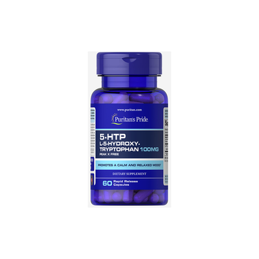 Puritan's Pride 5-HTP (Hydroxytryptophan) 100 mg offers 60 rapid release capsules derived from Griffonia simplicifolia to support serotonin and promote well-being.